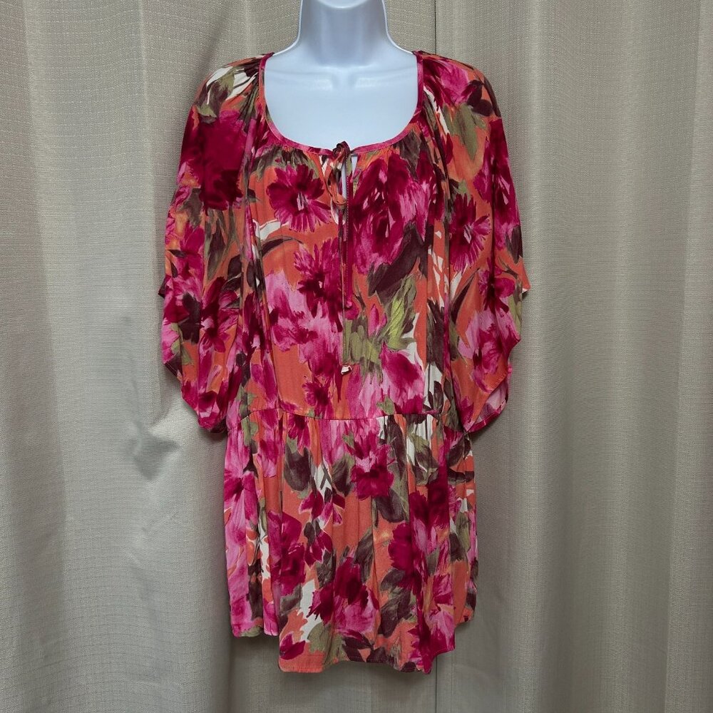 Karen Kane Pretty In Pink Ruffle Hem Top Women's Size 1X Floral Print NWT